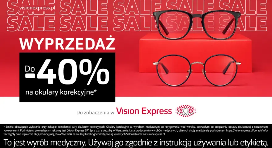 Dwa modele okularów korekcyjnych na czerwonym tle z napisem "WYPRZEDAŻ" i "Do 40%".