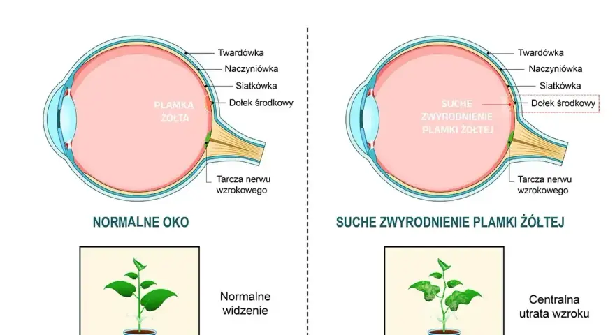 Porównanie zdrowego oka z suchym zwyrodnieniem plamki żółtej. Obrazek pokazuje, jak choroba wpływa na widzenie, powodując centralną utratę wzroku.